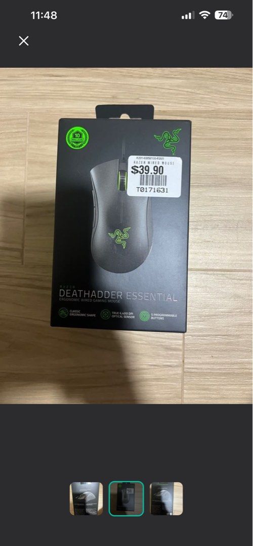 Razer DeathAdder Essential Ergonomic Wired Gaming Mouse (Category: Mouse & Mousepads) located in Singapore. Submitted by yummyerr (Listing ID 1441751720, Image 1). Description: - Razer DeathAdder Essential Gaming Mouse - Classic ergonomic shape for comfort - True 6,400 DPI optical sensor for precision - 5 programmable buttons - Comes in original packaging.
