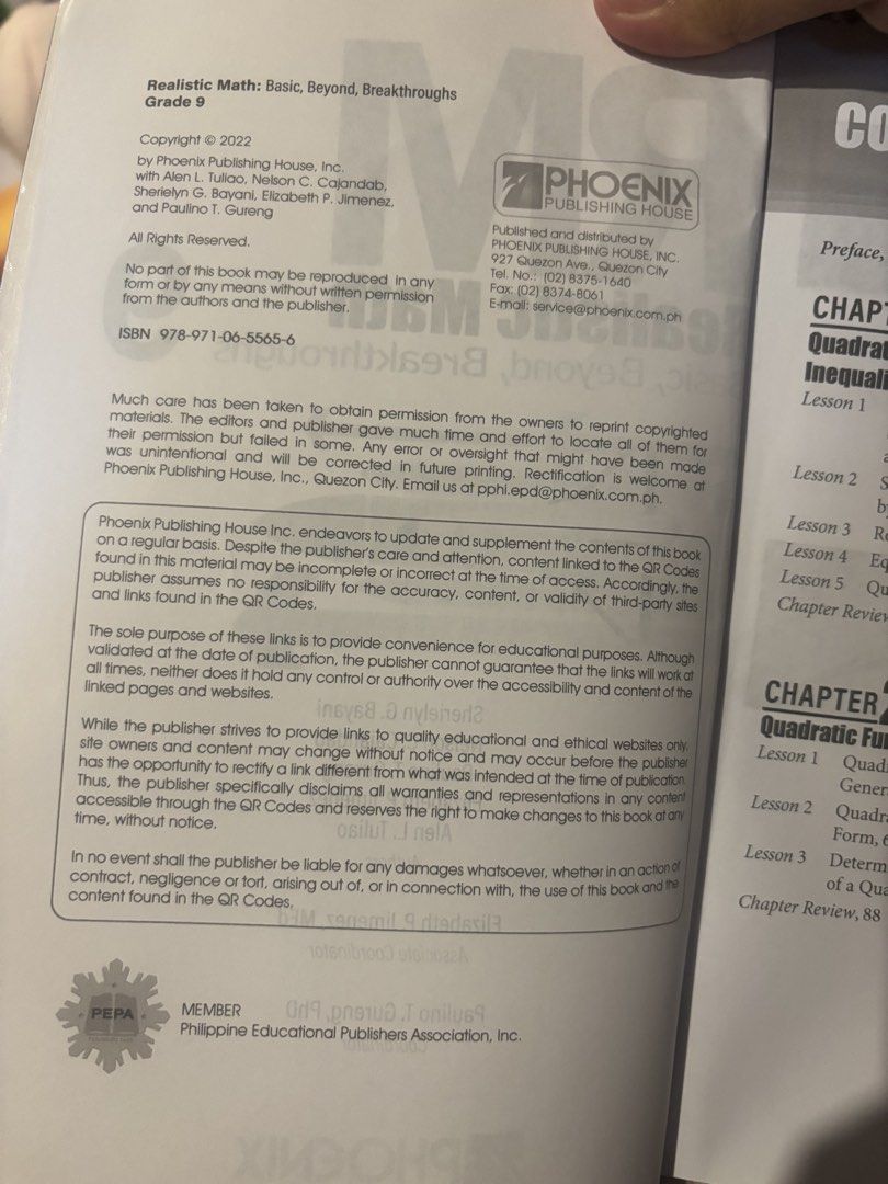 Realistic Math 9 (Category: Textbooks) located in Rizal. Submitted by indaylisa (Listing ID 1441776420, Image 2). Description: With cover Lightly use Few page with answer but can be erased.