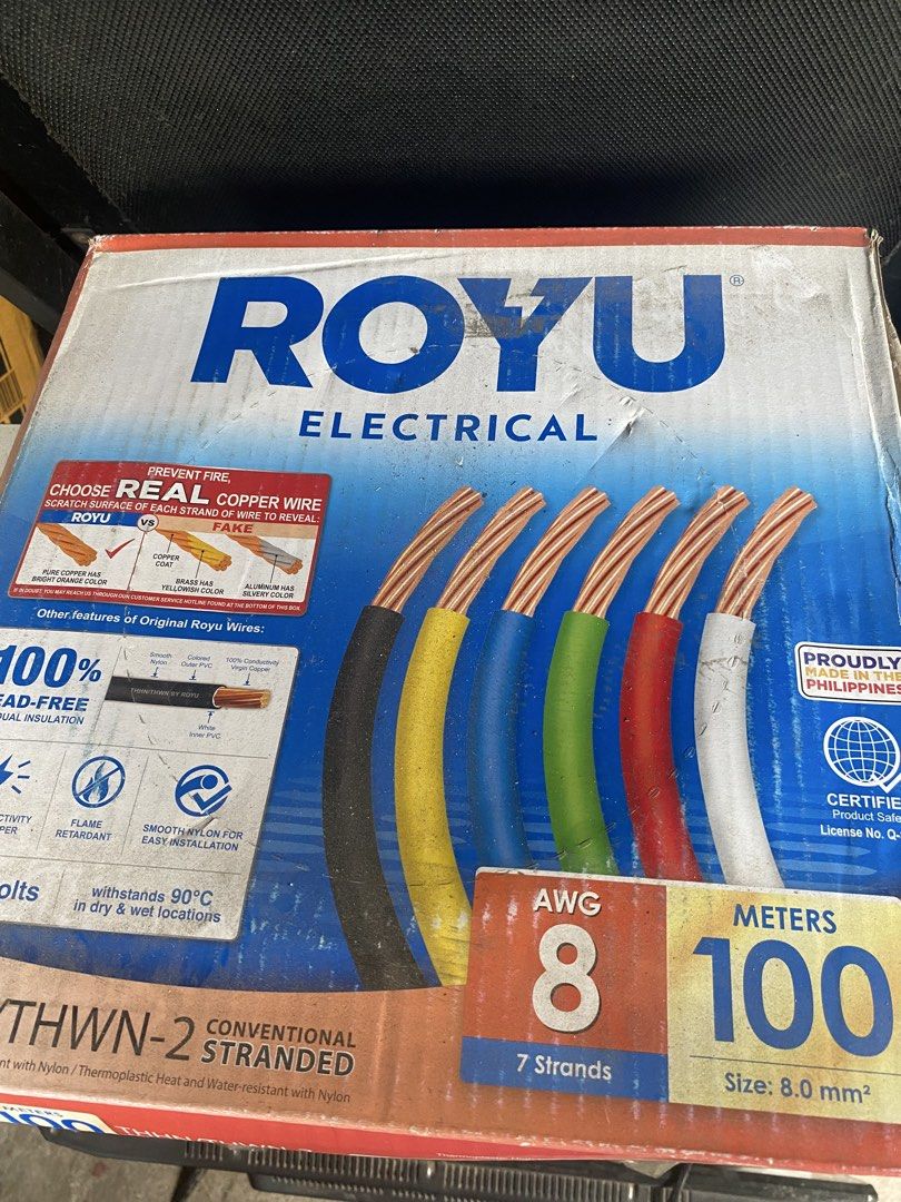 Royu THHN WIRE #8 (Category: Construction Tools & Equipment) located in Binangonan. Submitted by declutter_ree (Listing ID 1441682503, Image 1). Description: - Brand: Royu - Type: THHN Wire #8 - Length: 100 Meters - Size: 8.0 mm² - Strands: 7 - Insulation: 100% Lead-Free Dual Insulation - Features: Flame Retardant, Smooth Nylon for Easy Installation - Durability: Withstands 90°C in dry & wet locations - Origin: Proudly Made in the Philippines.