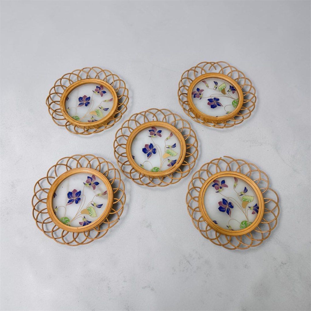 Set of 5 rattan coasters (Category: Coffee & Tea Tableware) located in Cavite. Submitted by wishie_collects (Listing ID 1441703498, Image 1). Description: Some has flaws sa rattan part.