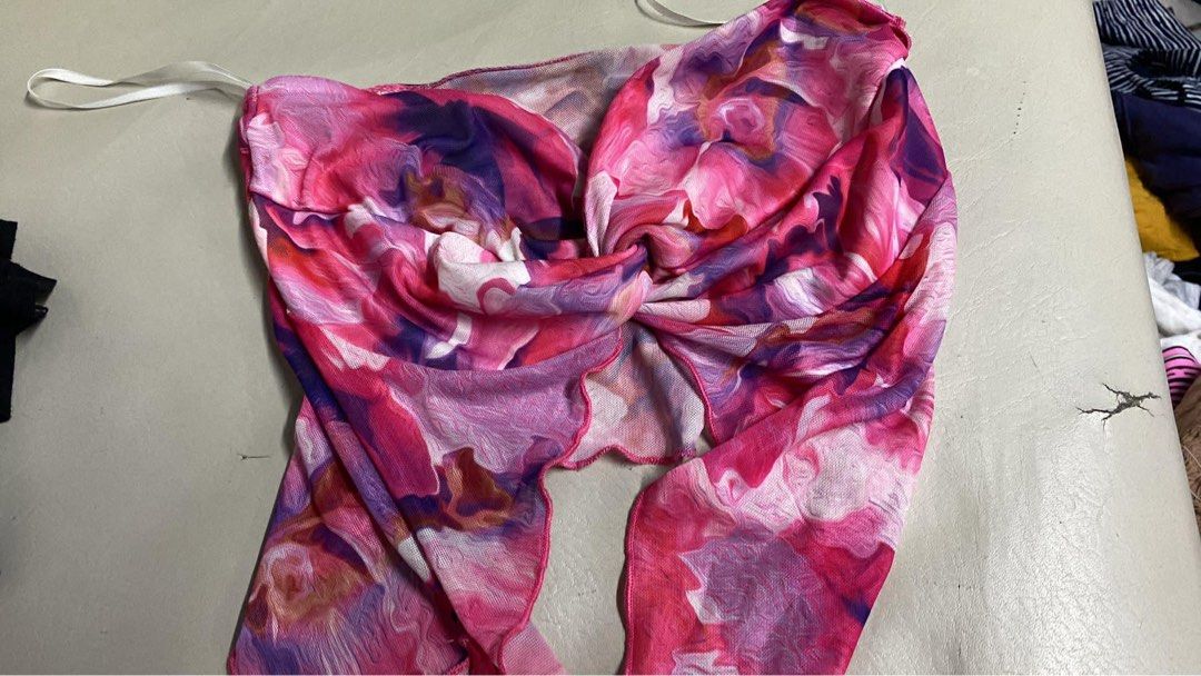 SHEIN Pink Floral Mesh Twist Front Halter Top Size S (Category: Sleeveless) located in Manila. Submitted by andy.cc (Listing ID 1441663194, Image 2). Description: - Cute pink and purple floral mesh top - Brand: SHEIN - Features: Twist front detail, halter neck tie - Perfect for layering or beachwear - Size: S.