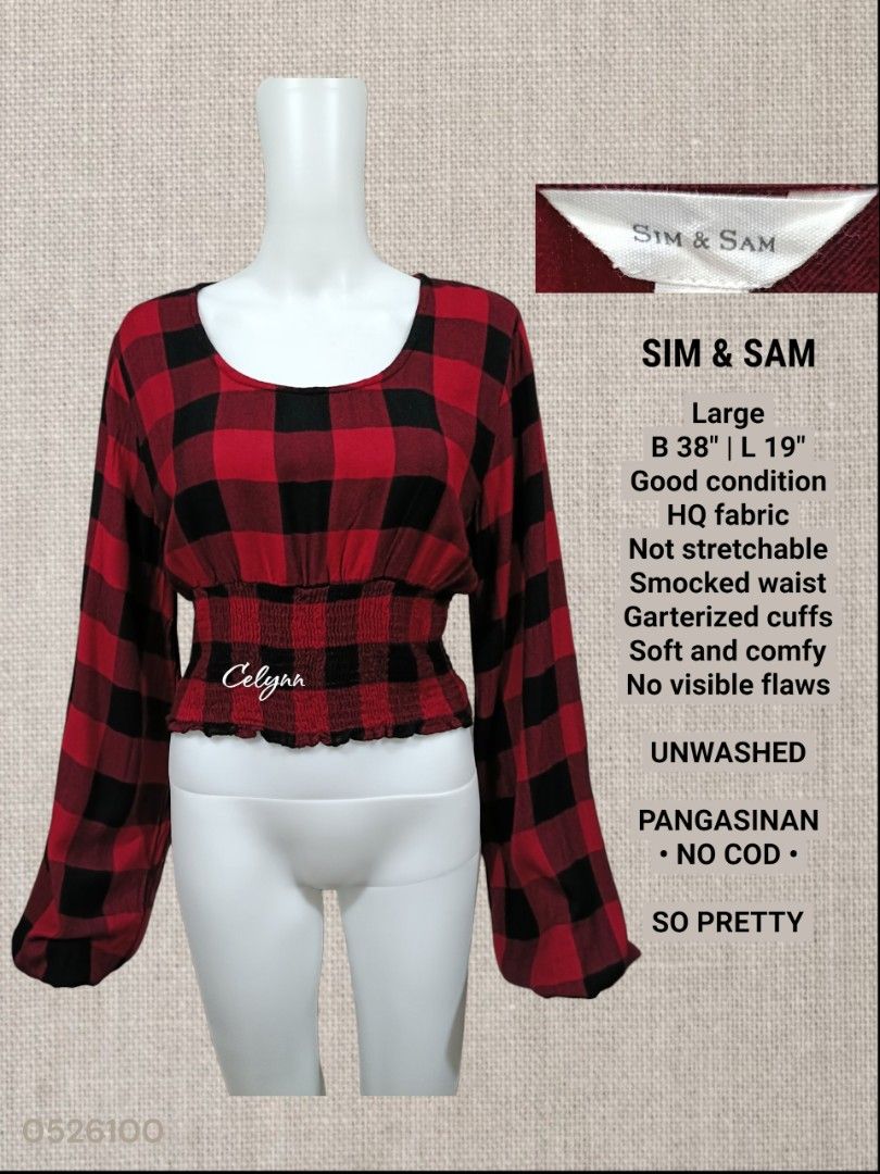 SIM & SAM Red Plaid Crop Top Long Sleeves Blouse; Large (Category: Blouses) located in Moncada. Submitted by celynn.collection (Listing ID 1441709178, Image 1). Description: ✅ PLEASE READ BEFORE ASKING! 😊 ----------------------------------------------------- 📍LOCATION: Pangasinan, Luzon ----------------------------------------------------- ✅ Clothes are THRIFTED or PRE-LOVED unless stated brand new. ---------------------------------------------