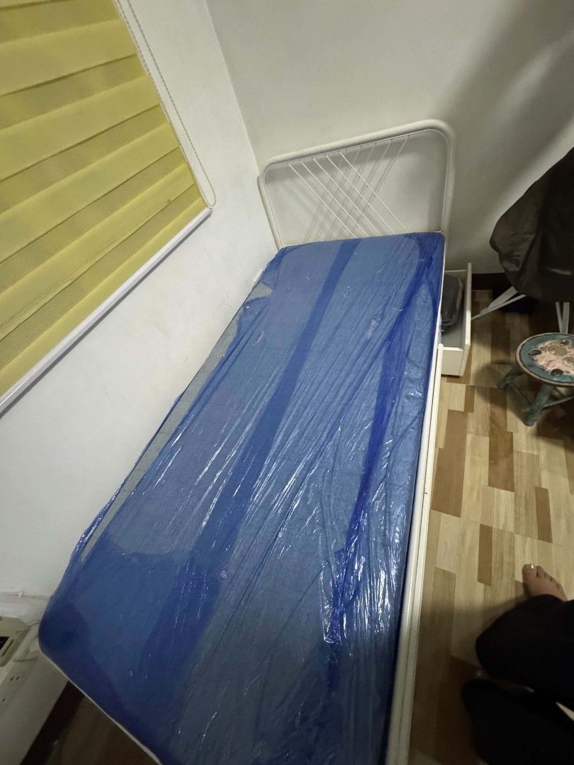 Single Bed Frame with Mattress (Category: Bed Frames & Mattresses) located in Manila. Submitted by chequeen (Listing ID 1441644778, Image 3). Description: Steel bed frame single with single mattress and 2 drawers under.