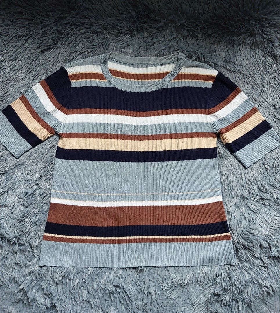 Striped Knit Top with Short Sleeves (Category: Blouses) located in Calasiao. Submitted by _annetastic_ (Listing ID 1441623997, Image 2). Description: Comfy stretch fabric 💖 Flattering fit 💖 Easy to pair with jeans, skirts, or trousers 💖 Timeless and classy look Preloved but still in excellent condition. A must-have wardrobe staple! Grab it before it's gone! 🛍️ size: small up.to.large.