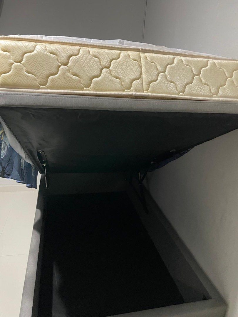 Super Single Bed Frame & Mattress (Category: Bed Frames & Mattresses) located in Singapore. Submitted by nuk0_ (Listing ID 1441739756, Image 3). Description: - Self collect only - Super Single bed frame - Super Single mattress - Mattress: 8 inch, 107 cm x 190 cm - Frame: 14 inch.