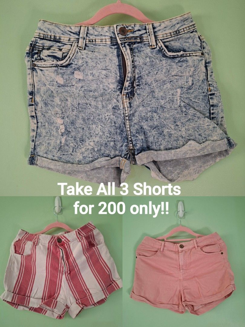 Take all 3 denim shorts for 200 only (Category: Shorts) located in Las Pinas. Submitted by ronabelles (Listing ID 1441597725, Image 1). Description: cute and fits nicely preloved but no stains whatsoever fits 26 to 28 waistline all branded.