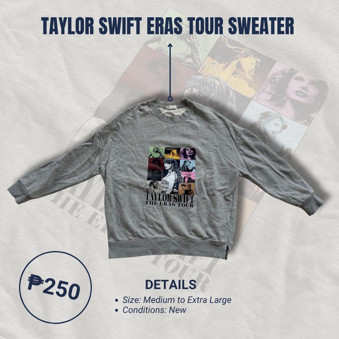 Taylor Swift Eras Tour Grey Sweater (Category: Coats, Jackets and Outerwear) located in Bacolod City. Submitted by frankie.kay (Listing ID 1441687803, Image 1). Description: - Brand New Grey Sweater - Features Taylor Swift Eras Tour graphic print - Includes multiple photos of Taylor Swift - Available in sizes Medium to Extra Large (M-XL).