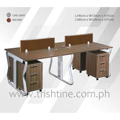 TOFF-017 | 4 seater Built-in Office Workstation (Category: Tables & Sets) located in Caloocan City. Submitted by trishtine_jim9 (Listing ID 1441593122, Image 2). Description: Dimension: W240 x D120 x H75 cm W280 x D120 x H75 cm Material: MDF and steel – With glass panel divider – With grommet – Mobile pedestal included (centralized lock with key) Finish: Oak Gray / Brown DISCLAIMER: Price is for Posting Purposes Only.