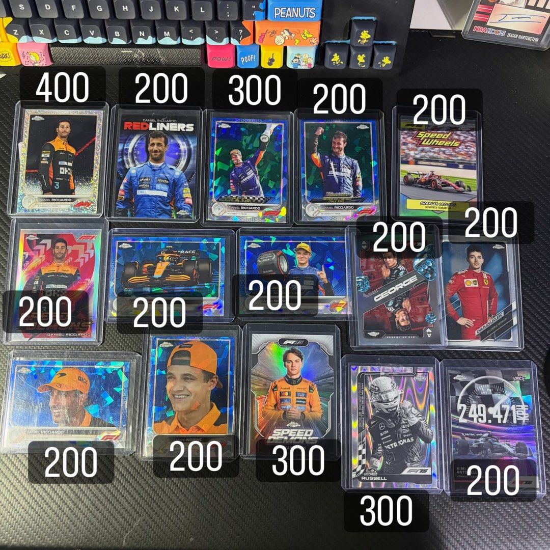 Topps Chrome F1 Trading Cards (Category: Raw Singles) located in Las Pinas. Submitted by kapkards (Listing ID 1441748074, Image 2). Description: - Topps Chrome Formula 1 Trading Cards for sale. - Featuring popular drivers like Lando Norris, Lewis Hamilton, Yuki Tsunoda, and others. - Prices are clearly marked on each card in the photos. - Rare and sought-after insert cards are available. - Perfect for any Formula 1 fan's collection. - Direct Mess
