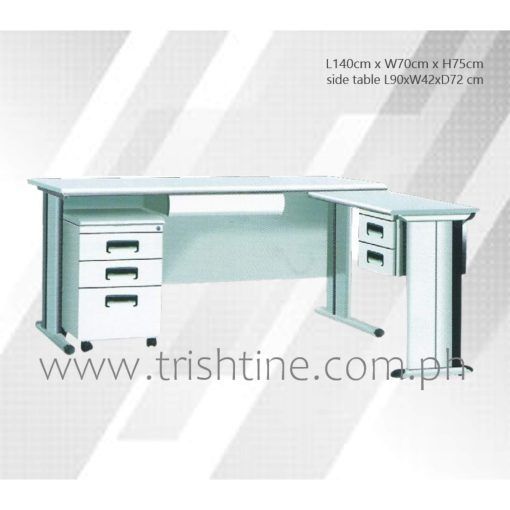 TXT-003 | Steel L-shape Executive Table (Category: Office Furniture & Fixtures) located in Caloocan City. Submitted by trishtine_jim9 (Listing ID 1441633160, Image 1). Description: with steel drawers and mobile pedestal Dimension: main table: L140 x W70 x H75 cm side table: L90 x w42 x h72 cm Material: HPL Top / Steel Body and Drawers Finish: Gray, Beech Top, Black DISCLAIMER: Price is for Posting Purposes Only.