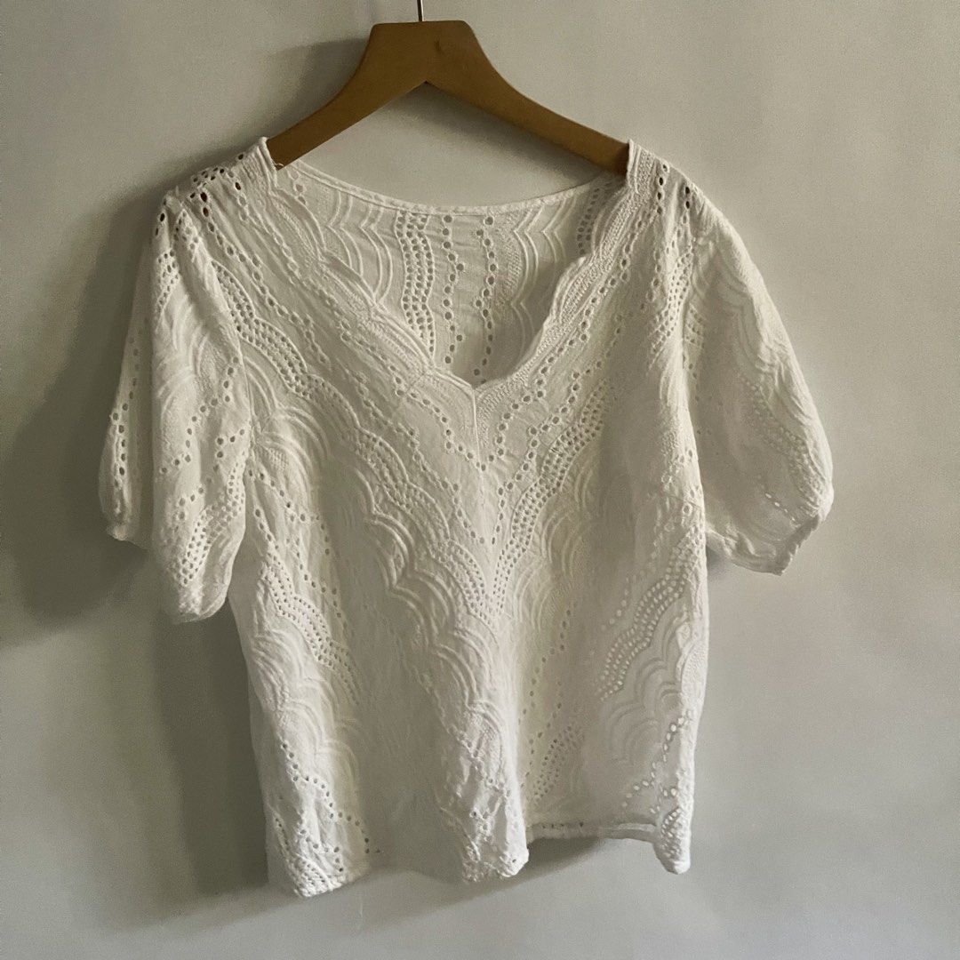 White Eyelet V-Neck Short Sleeve Top (Category: Blouses) located in General Trias. Submitted by 1992thelabel (Listing ID 1441650755, Image 1). Description: - Chic white short sleeve top - Flattering V-neckline - All-over eyelet detailing for a touch of elegance - Stylish slightly puffed sleeves - Breathable and comfortable fabric - Versatile for casual or dressed-up looks.