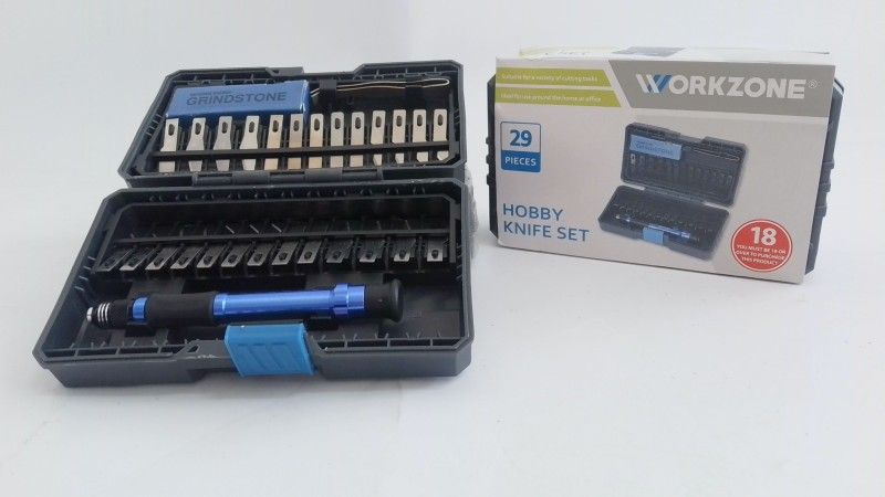 Workzone hobby knife set 29 pcs (Category: Craft Supplies & Tools) located in Pasig City. Submitted by temerity_16 (Listing ID 1441692872, Image 2). Description: Opened or unboxed but shows no signs of use. Fully functional with all parts present. Item itself is in pristine condition. Product Details Brand: Workzone Model: Hobby Knife Set Color: Blue/Black Category: Tools Sub-Category: Hobby Knife Set Size: 29 Pieces Material: Metal Blades, Plast