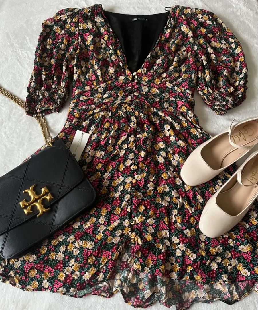 Zara Floral Dress (Category: Dresses) located in Pasig City. Submitted by closet_reframe (Listing ID 1441614075, Image 1). Description: Worn once, material drapes nicely and the details are well made. Excellent condition. bag, shoes are also for sale! S: L.