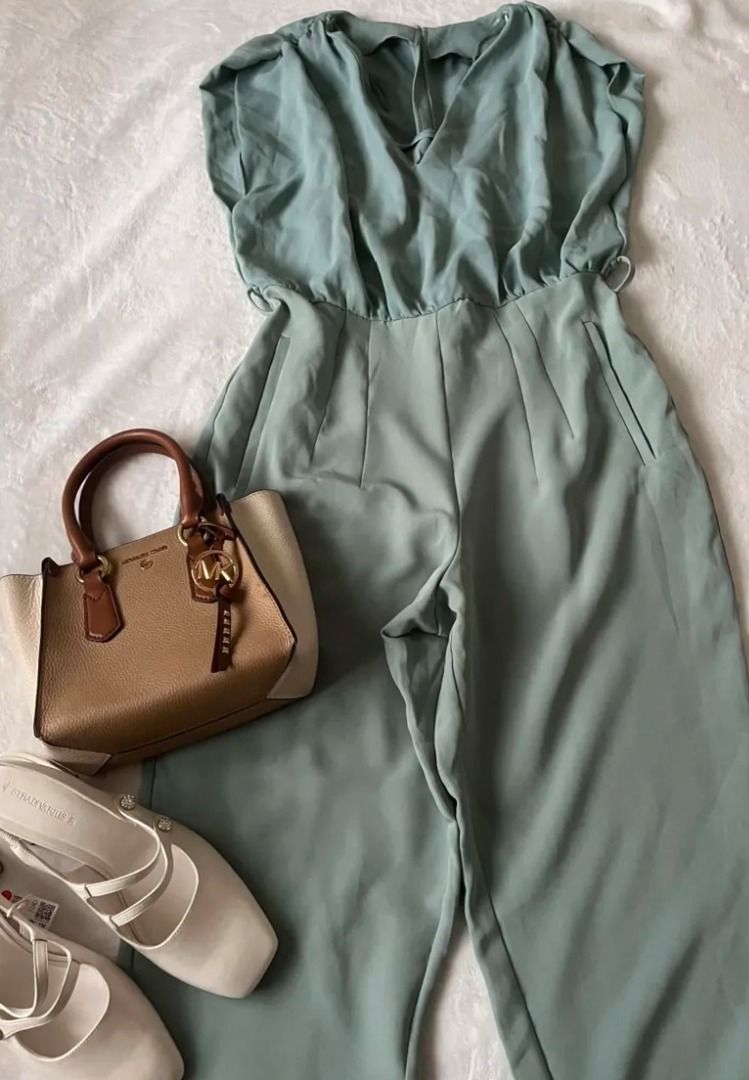 Zara sage green jumpsuit (Category: Jumpsuits) located in Pasig City. Submitted by closet_reframe (Listing ID 1441615095, Image 1). Description: Worn once, flows nice. no visible issues, quality is good. very elegant. Bag and shoes are also for sale! S: M.