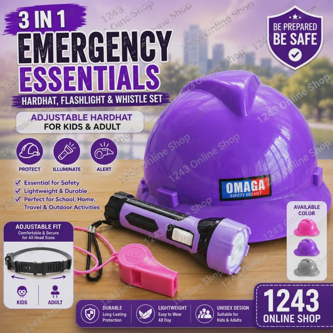 3-in-1 Safety Essentials Hardhat, Flashlight & Whistle Set (Category: Construction Tools & Equipment) located in Manila. Submitted by homewaresuppliers_20 (Listing ID 1446728612, Image 2). Description: - 3-in-1 Safety Kit: Includes adjustable hardhat, flashlight, and whistle. - Adjustable Hardhat: Fits both kids and adults. - Bright Flashlight: For illumination in low light. - Loud Whistle: For alerting and signaling. - Lightweight & Durable: Eas
