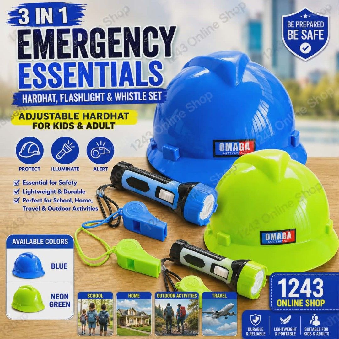 3-in-1 Safety Essentials Hardhat, Flashlight & Whistle Set (Category: Construction Tools & Equipment) located in Manila. Submitted by homewaresuppliers_20 (Listing ID 1446728612, Image 3). Description: - 3-in-1 Safety Kit: Includes adjustable hardhat, flashlight, and whistle. - Adjustable Hardhat: Fits both kids and adults. - Bright Flashlight: For illumination in low light. - Loud Whistle: For alerting and signaling. - Lightweight & Durable: Eas