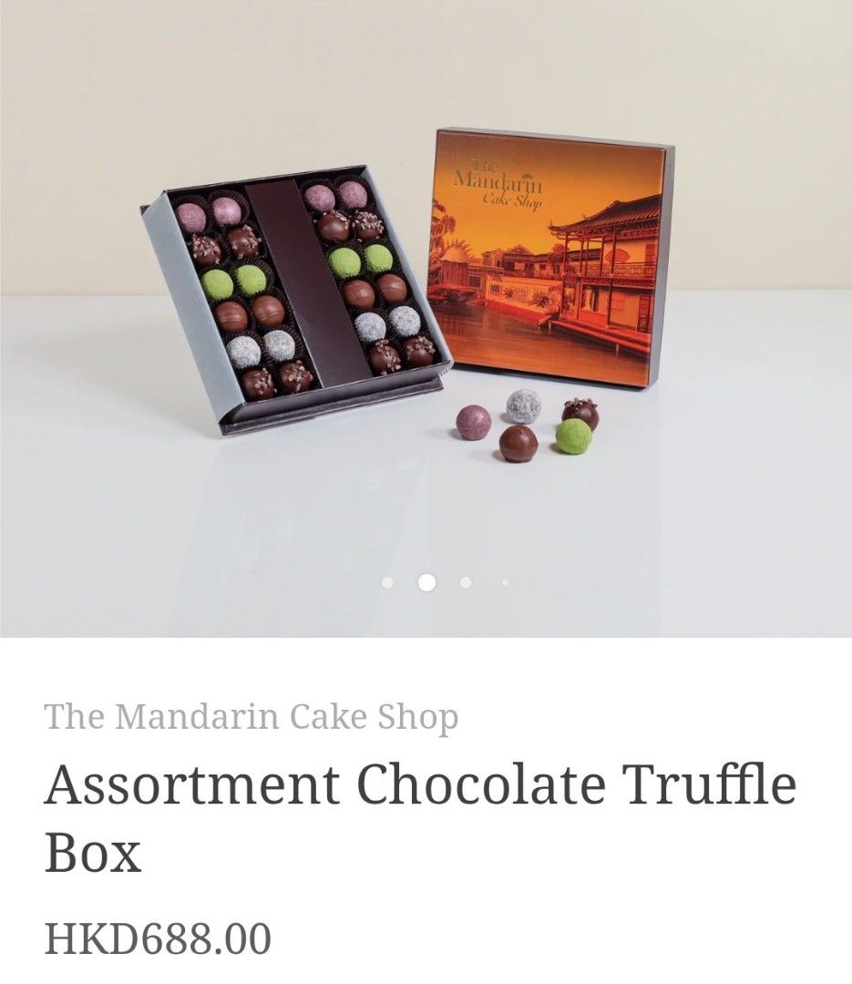 文華東方Assortment Chocolate Truffle Box 7折售 （分類：包裝食物&即食食物）位於 Hong Kong。 由 marychan8226 提交（商品編號 1446880510，圖片 1）。簡介： 原價$688 24pcs Cognac Fine Champagne, Green Tea, Cassis Vanilla, Whisky, Milk Truffle Champagne Truffle: Milk Chocolate, Apricot Jam, Cream, Glucose, Brandy, Champagne, Dark Chocolate, Icing Sugar Green Tea Truffle: Cream, White Chocolate, Green Tea powder, Cocoa Butter, Glucose, Dark Chocolate Whisky Chocolate Truffle With Dark Truffle 