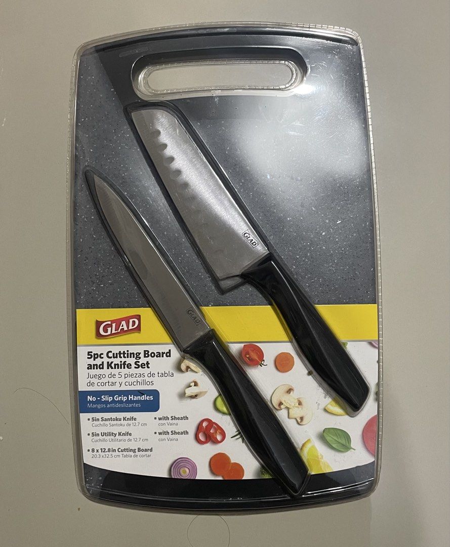 Authentic Glad 5pc Cutting Board and Knife Set (Category: Cookware & Accessories) located in Manila. Submitted by prelovedpicksph (Listing ID 1446901483, Image 1). Description: — in good condition, no flaws — sealed — includes: 1 cutting board, 1 santoku knife, 1 utility knife, 2 sheaths .