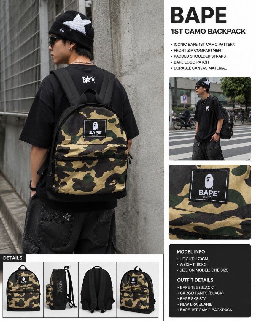 BAPE 1st Camo Backpack (Category: Backpacks) located in Manila. Submitted by niggzreyno51476 (Listing ID 1446789235, Image 1). Description: - Iconic BAPE 1st camo pattern - Front zip compartment for easy access - Comfortable padded shoulder straps - Signature BAPE logo patch - Made from durable canvas material - Ideal for everyday use and carrying your essentials.
