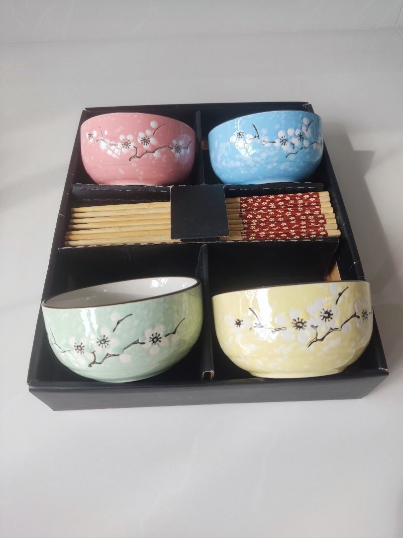 Ceramic Blossom Bowls Chopsticks Set - Like New For Sale