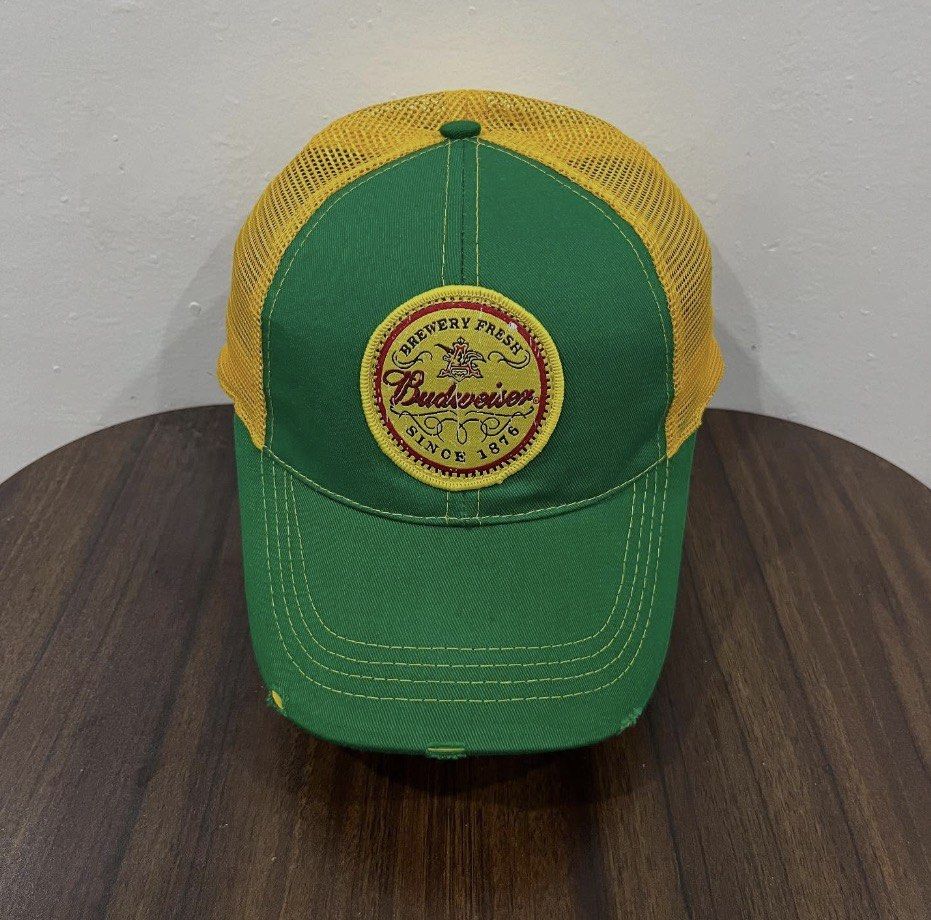 Budweiser Brewery Fresh Trucker Yellow Green Cap (Category: Caps & Hats) located in Manila. Submitted by kyoshi_surf (Listing ID 1446847572, Image 1). Description: Budweiser Brewery Fresh Trucker Cap. Yellow and green. Embroidered logo and 'Since 1876'. Mesh back. Adjustable snapback. OSFA .