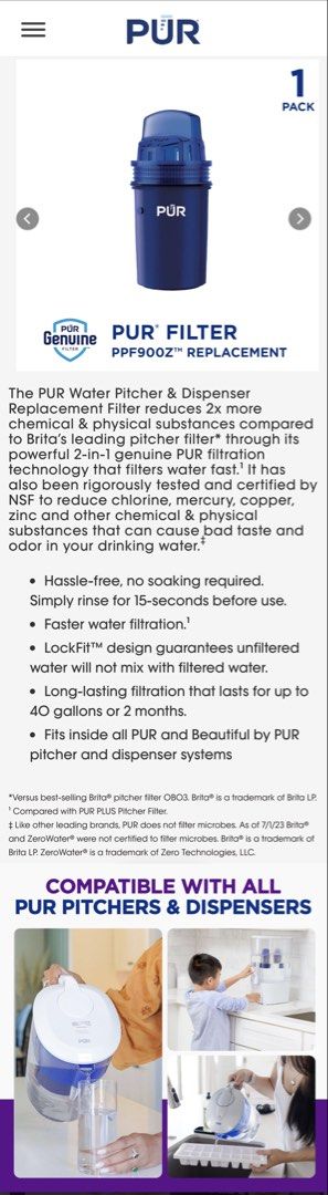 Bundle of 2 PUR Water Replacement Filters (SEALED) (Category: Pitchers & Dispensers) located in Quezon City. Submitted by shopforfabfinds (Listing ID 1446776336, Image 3). Description: This sale is a bundle of 2 sealed PUR replacement water filters Model: PPF 900Z Bought in the USA. Made in Thailand The PUR Water Pitcher & Dispenser Replacement Filter reduces 2x more chemical & physical substances compared to Brita’s leading pitcher filter* throu