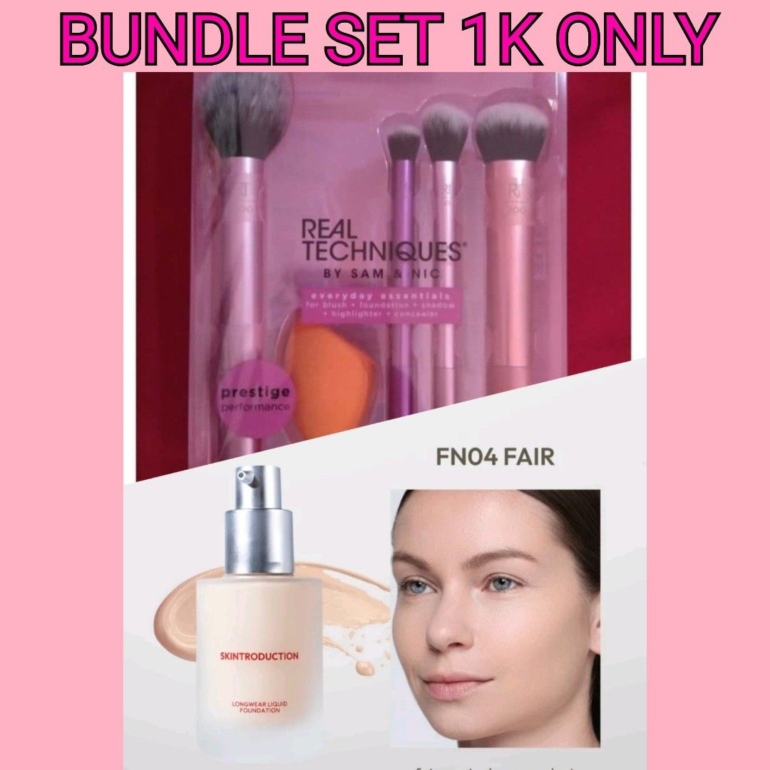 BUNDLE SET ENIGMA FOUNDATION FAIR & ORIG. REAL TECHNIQUES EVERYDAY ESSENTIALS SET with FREEBIE (Category: Makeup) located in Rizal. Submitted by anjellessentials (Listing ID 1446858910, Image 1). Description: BUNDLE SET : P 1K ONLY (LAST PRICE) 1. ENIGMA FOUNDATION FAIR ORIG. PRICE : 695 2. ORIG. REAL TECHNIQUES EVERYDAY ESSENTIALS SET ORIG. PRICE: 1,200 FREE BIE GRWM FOUNDATION SHADE PEBBLE BRANDNEW.