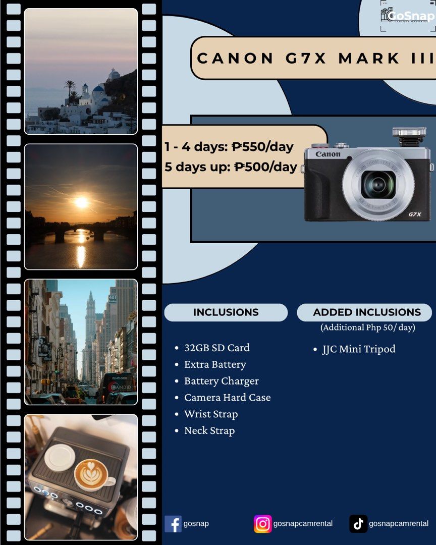 Canon G7X Mark 3 for rent (Category: Cameras) located in Manila. Submitted by randomguy890 (Listing ID 1446826696, Image 1). Description: For rent 1-4days - 550/day 5days & up - 500/day Inclusions: 32GB SD Card Extra Battery Battery Charger Camera Hard Case Wrist Strap Neck Strap.