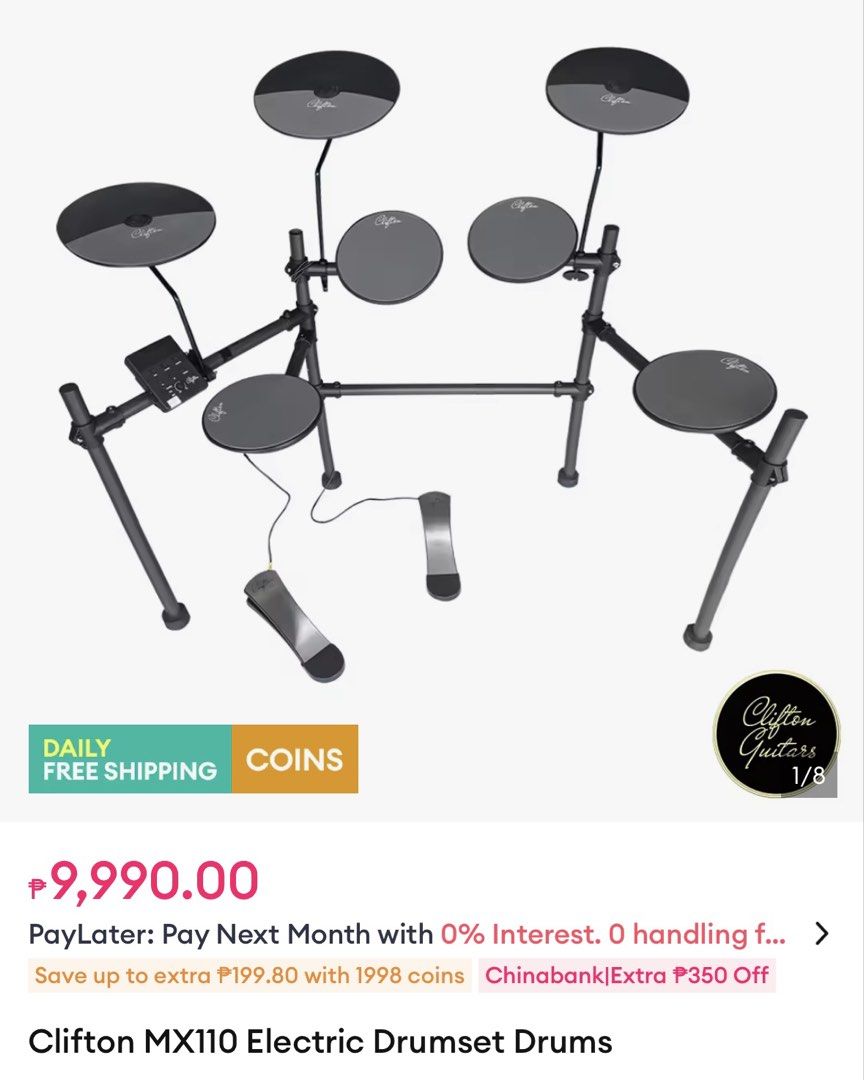 Clifton MX110 Electric Drumset Drums (Category: Musical Instruments) located in Manila. Submitted by blue.skye (Listing ID 1446850111, Image 1). Description: last price na po yung 4k thank you 7 months old, barely used but with defect (see photo 3&4; broken attachment; can be bought through store) rfs: 5months nang di ginagamit; nakatambak lang .