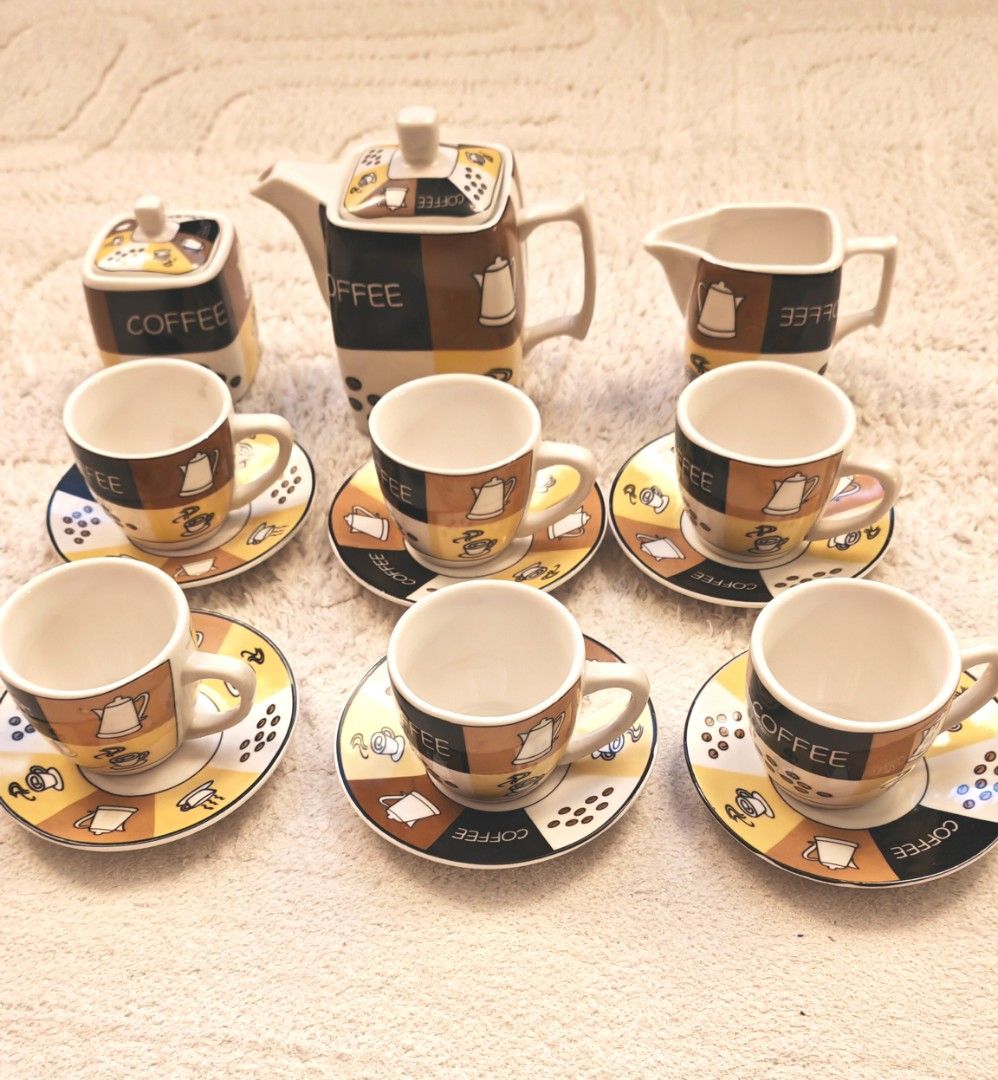 Coffee Pot, Cups, Saucers, Creamer, Sugar Bowl Set