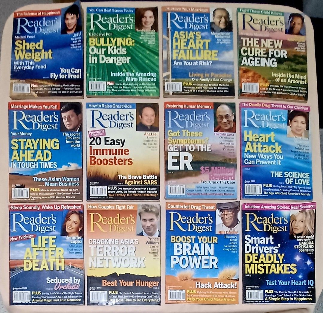 Complete 2003 Set Reader’s Digest Magazines (Full Year) (Category: Magazines) located in Quezon City. Submitted by wjmae (Listing ID 1446786566, Image 1). Description: All 12 issues – classic informative reading, great for collectors and readers! ✅ DETAILS: - Full Set: Complete 12 monthly issues from January to December 2003 ​ - Content: Packed with interesting articles – health, lifestyle, true stories, science, human interest, inspiration, and 