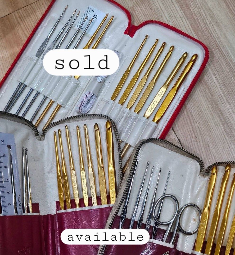 Crochet Hook Set (Category: Craft Supplies & Tools) located in Muntinlupa City. Submitted by eericagerald (Listing ID 1445582617, Image 1). Description: Crochet hooks per set for sale. 650PHP EACH. Set 1 (SOLD)- Red case (13pcs, with ruler and tape measure) Set 2 - Stained case (14pcs, with damaged ruler) Set 3 - Slightly stained case (12pcs, with tapestry needle and scissor) Kindly check pictures for reference. 📍Muntinlupa City.