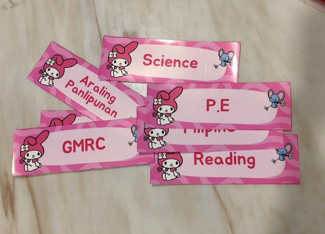 Customizable Name Labels (Category: Stationery & School Supplies) located in Las Pinas. Submitted by declutterqueeeeen (Listing ID 1446741362, Image 1). Description: - Cute and personalized subject labels for school needs. - Available in various designs and subjects (Science, Math, Filipino, Araling Panlipunan, etc.). - Perfect for organizing books and notebooks. - Easy to apply/stick on. - Suitable for students of all ages..