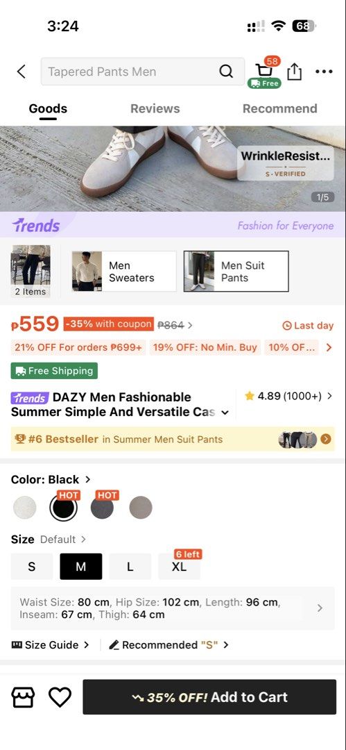 DAZY Men's Slacks/Pants Black Size M (Category: Trousers) located in Cabuyao City. Submitted by pursing (Listing ID 1446796222, Image 2). Description: RFS: does not fit - bought from shein - never worn or used, brand new - the sizes are in the 2nd picture for reference.