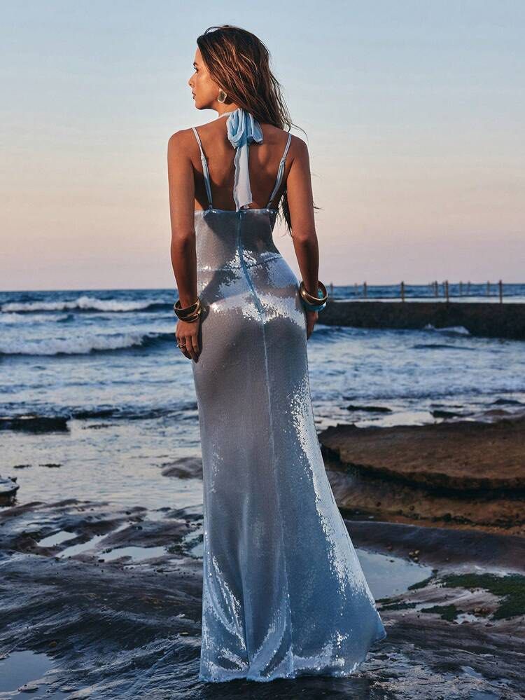 For Rent: Light Blue Sequin Maxi Dress (Category: Dresses) located in Manila. Submitted by fitsbyk (Listing ID 1446791654, Image 2). Description: - P500 for 3 days rental - Deposit fee of P500 - Message me for when worn or other details.
