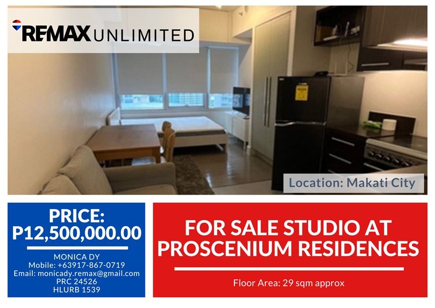 For Sale Studio at Proscenium Residences (Category: Apartments & Condos) located in Makati City. Submitted by REMAXUNLIMITEDPH (Listing ID 1446745651, Image 1). Description: For Sale Studio at Proscenium Residences 29 sqm PHP 12,500,000 MONICA DY Remax Unlimited 09178670719.