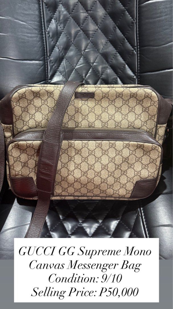 GUCCI GG Supreme Canvas Messenger Bag (Category: Luxury Bags & Wallets) located in Quezon City. Submitted by cmgood (Listing ID 1446841652, Image 1). Description: - Authentic GUCCI GG Supreme Mono canvas messenger bag - Features brown leather trim and strap - Ideal for everyday use or travel - Price: P50,000.