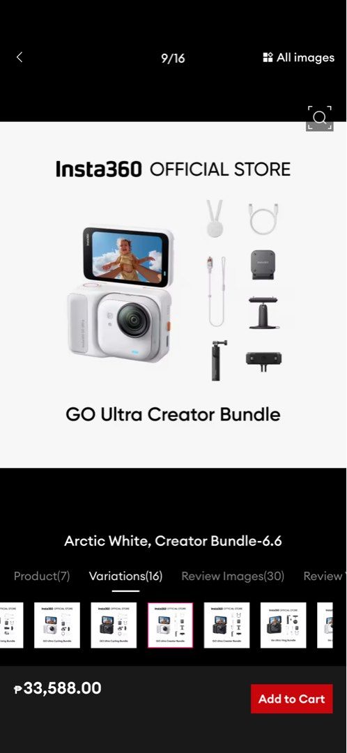 Insta360 GO Ultra Creator Bundle with 1TB SD Card (original) — Arctic White (Category: Cameras) located in Pasig City. Submitted by yoursunshinelover (Listing ID 1446807566, Image 1). Description: - Insta360 GO 3 Ultra Creator Bundle (6.6 version) - Color: Arctic White - Includes camera and various content creation accessories - Ideal for capturing adventures and everyday moments - Price: P33,588.00 - Ready for its new owner Trying to sell my Ins