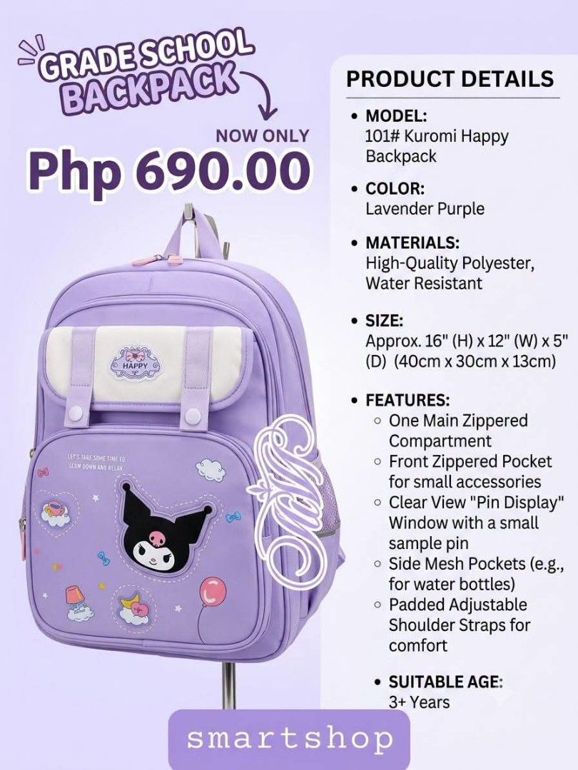 Kids Sanrio Inspired Backpack Bags (Category: Backpacks) located in Marikina City. Submitted by smartshop.ph (Listing ID 1446754944, Image 1). Description: AVAILABLE ON HAND🛍 📍SMARTSHOP 1 Santisimo St. San Roque MON - SAT | 9AM to 6PM 👉DM FOR ORDERS! ✅️Good quality 📱MOP : BDO BPI GCASH MAYA 🛵COURIER : LALAMOVE | LBC.