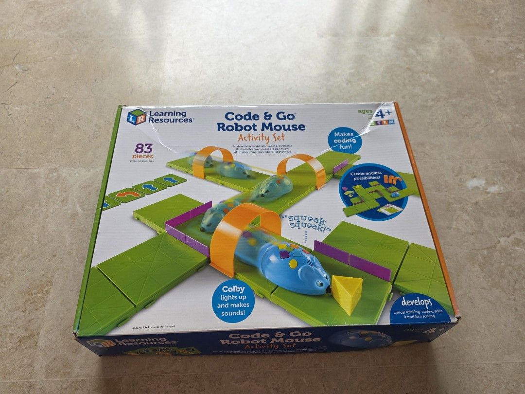 Learning Resources Code & Go Robot Mouse Activity Set (Category: Educational & Learning Toys) located in Singapore. Submitted by magigigi (Listing ID 1446773606, Image 1). Description: - Fun robot mouse activity set for kids - 83 pieces to build mazes and pathways - Mouse lights up and makes sounds - Encourages STEM learning - All parts working well, except that one of the arch is broken - Bought in October 2025.