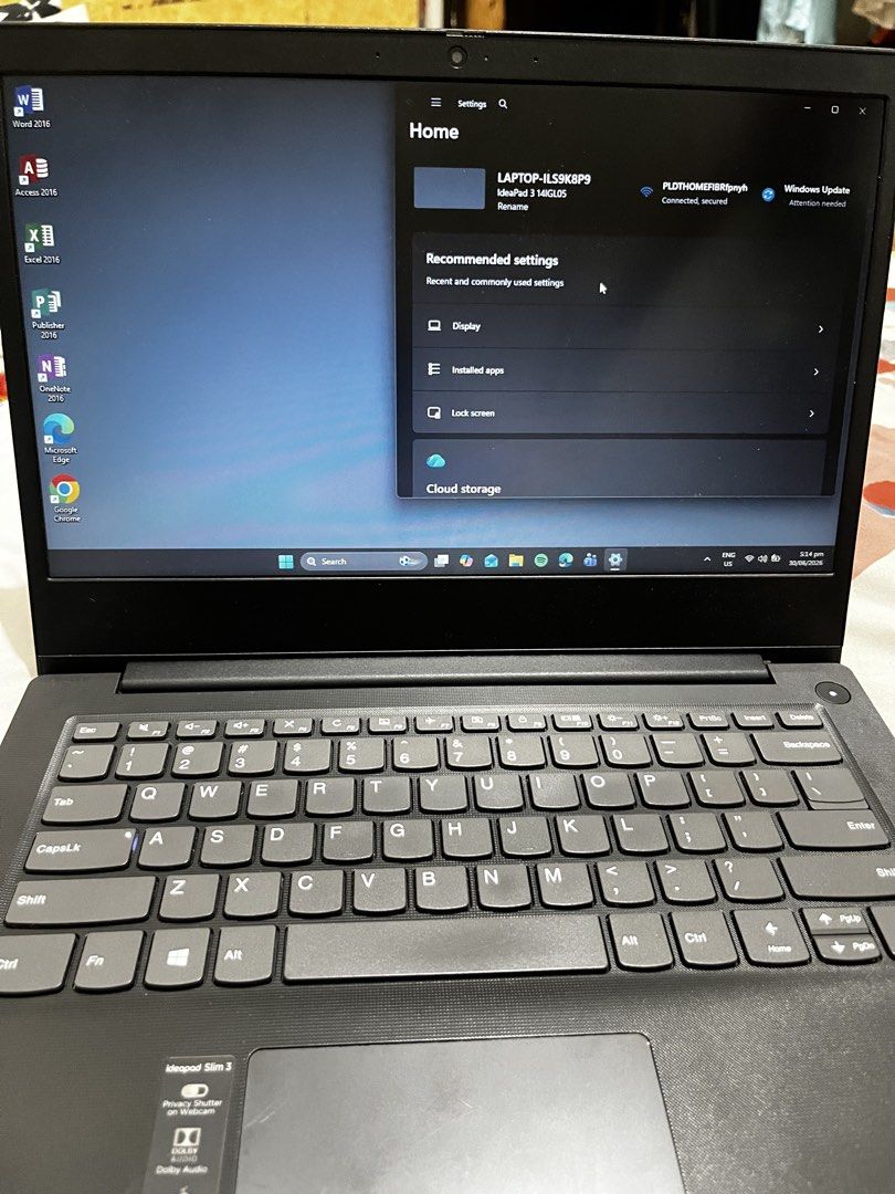 Lenovo IdeaPad Slim 3 Laptop Intel Core i3 (Category: Laptops & Notebooks) located in Manila. Submitted by dwiyafilms (Listing ID 1446816652, Image 2). Description: RFS: Need funds for pets Selling Lenovo IdeaPad 3 14IGL05 Specs: • Intel Celeron / Pentium • 14” HD Display • 4GB RAM • 128–512GB SSD • Intel UHD Graphics Perfect for school, work, Zoom, and browsing. Condition: light scratches Inclusions: charger, laptop pouch .
