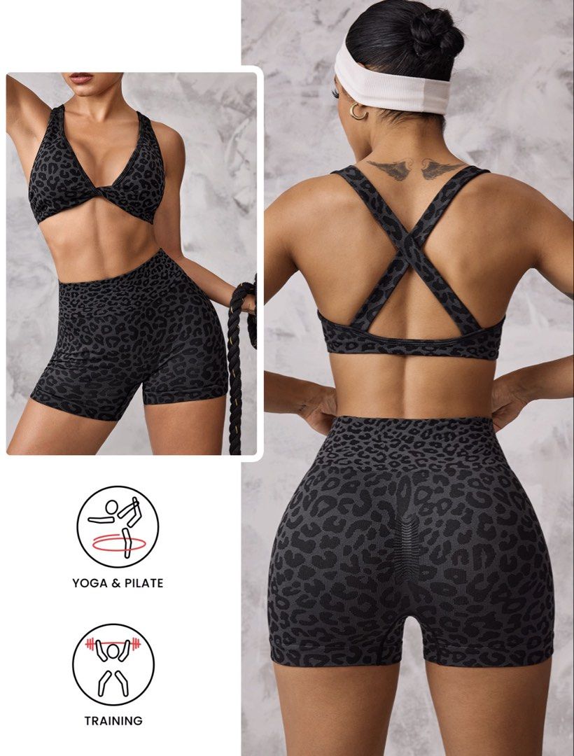 Leopard Print Sports Bra & Shorts Set (Category: Activewear) located in Manila. Submitted by izzmya (Listing ID 1446754856, Image 3). Description: -Can fit xs-s - Features comfortable high-waisted shorts - Ideal for yoga, pilates, and training sessions.
