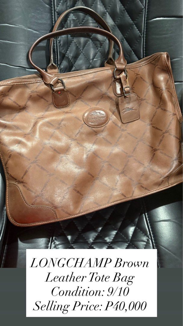 Longchamp Brown Leather Tote Bag (Category: Luxury Bags & Wallets) located in Quezon City. Submitted by cmgood (Listing ID 1446842299, Image 1). Description: - Authentic Longchamp brown leather tote bag - Features signature all-over logo pattern - Classic design with comfortable handles - Ideal for everyday use or travel - Condition: 9/10 (Excellent) .