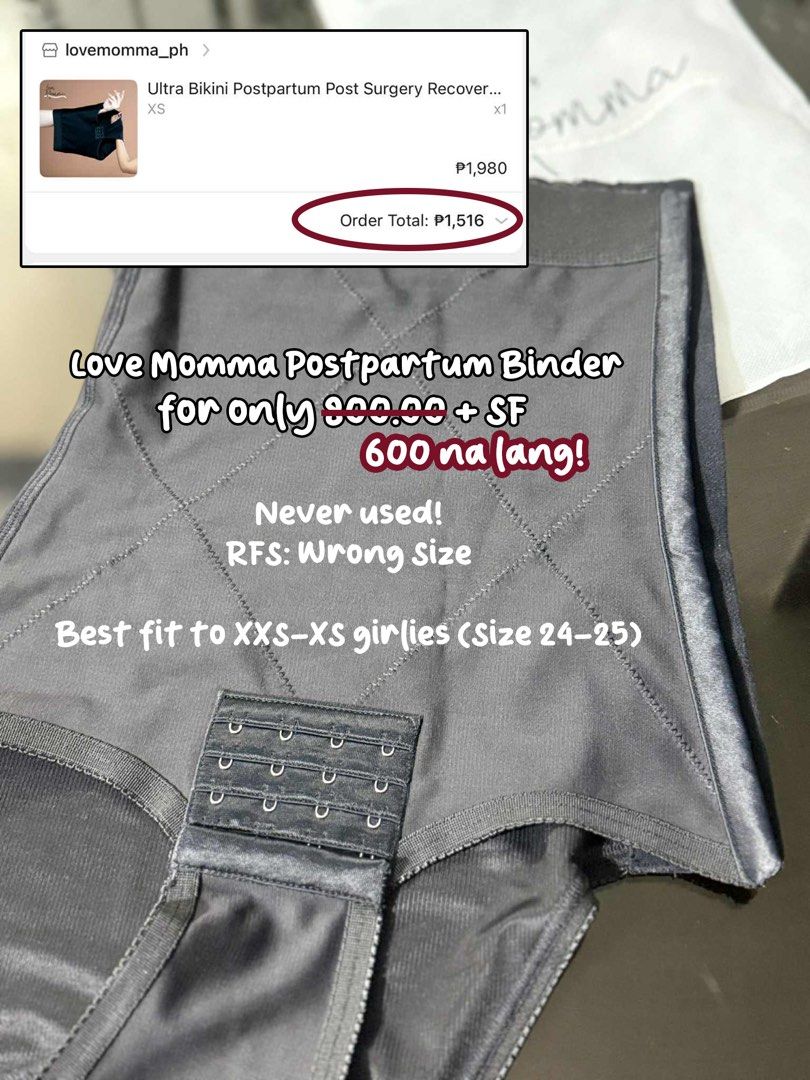 Love Momma Postpartum Binder - Never Used (Category: Maternity Care) located in Bulacan. Submitted by jamsakai (Listing ID 1446809137, Image 1). Description: - Brand new Love Momma Postpartum Binder - Never used, bought wrong size - Best fit for XXS-XS sizes (waist 24-25 inches) - Original Price: P1,980 - Selling Price: P600 - Plus shipping fee - Great deal for new moms!.