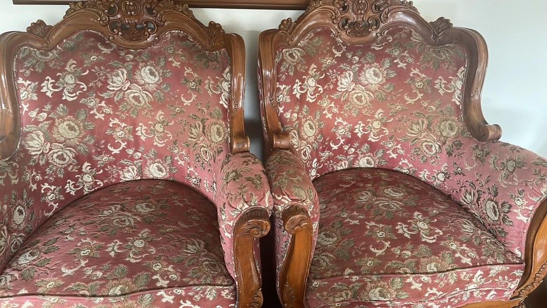 Narra Sofa Set with Table (Category: Sofas) located in Las Pinas. Submitted by kachingclothes (Listing ID 1446794852, Image 2). Description: 4pcs total. 1 big sofa, 2 medium sofa chairs, and one small coffee table.