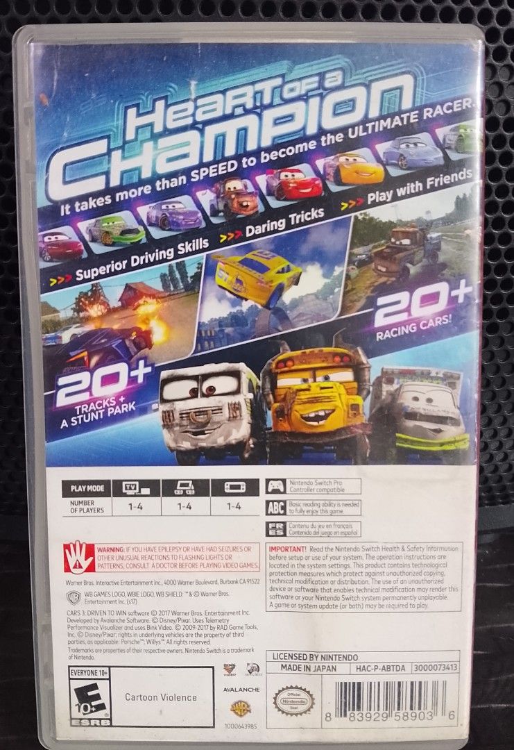 Nintendo Switch Cars 3 Driven to Win Game (Category: Nintendo) located in Manila. Submitted by clydeliong69308 (Listing ID 1446786176, Image 3). Description: - Disney Pixar Cars 3: Driven to Win for Nintendo Switch - Race with Lightning McQueen and your favorite characters - Features over 20 unique racing cars - Explore more than 20 exciting tracks - Enjoy solo play or multiplayer fun with friends - Comes with the game cartridge and original case