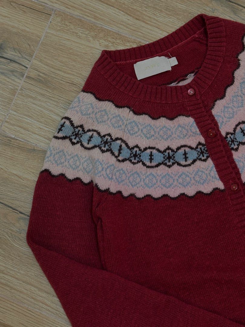 Ochirly Cardigan Sweater in Cherry Red (Category: Coats, Jackets and Outerwear) located in Zaragoza. Submitted by yownabs (Listing ID 1446750845, Image 3). Description: - Ochirly Cardigan Sweater in Cherry Red - Knitted Measurements: - Width: 16” - Height: 22” - Small on tag, fits XS-S - Actual color may vary due to lighting ₱279.