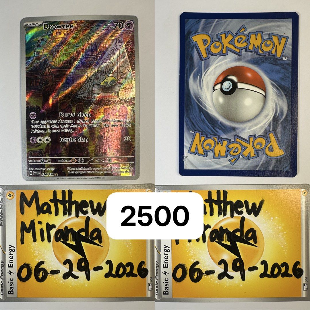 Pokemon Drowzee Full Art Card (Category: Raw Singles) located in Santa Rosa. Submitted by senorseller (Listing ID 1446817079, Image 1). Description: Drowzee #210 Pokemon Scarlet & Violet Some damage seen on photo.