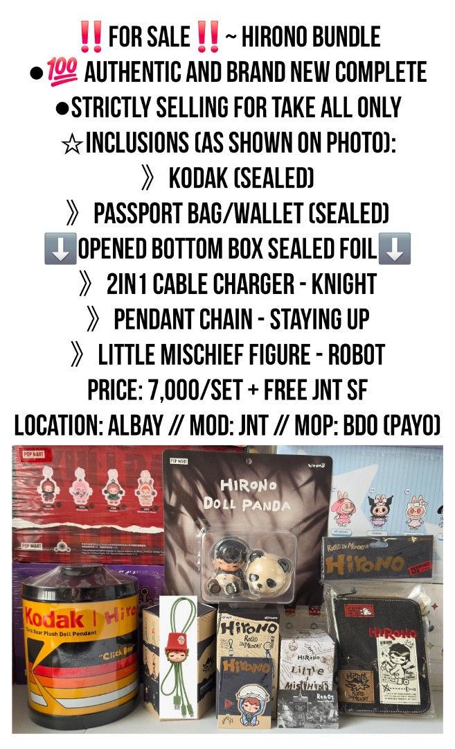 POPMART HIRONO BUNDLE (Category: Designer & Blind Box Toys) located in Legazpi City. Submitted by p0nyang (Listing ID 1446815851, Image 1). Description: COMPLETE DETAILS IS ON THE PHOTO POSTED. THANK YOU.