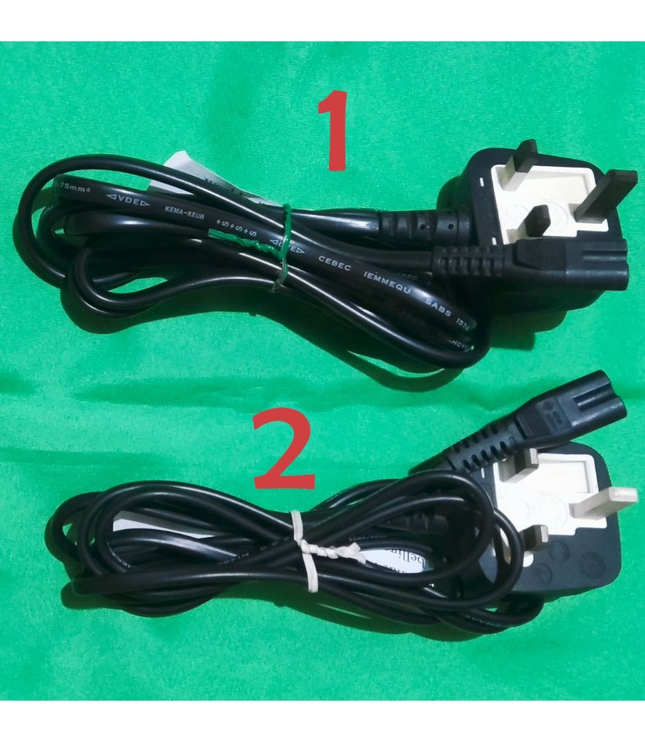 POWER CORD - Type G plug to Type C7 (figure 8) connector (Category: Cables & Adaptors) located in Binan City. Submitted by enrivo (Listing ID 1446857975, Image 1). Description: ITEM #1 - KEMA-KEUR Power Cord (Type G to Type C7) - Plug type: Type G (BS 1363/A compliant, A.S.T.A. REF.713 certified, with 5A fuse) - Connector type: Type C7 - Length: 6ft (1.8m) - Copper: 2x0.75mm² ITEM #2 - same specs but with 3A fuse.